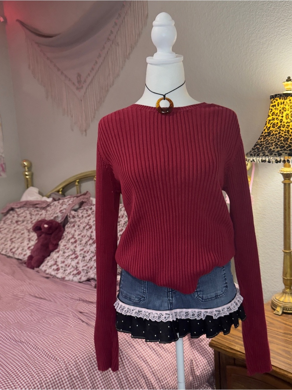 Y2K Gap Ribbed Long-Sleeve Sweater - Wine Red